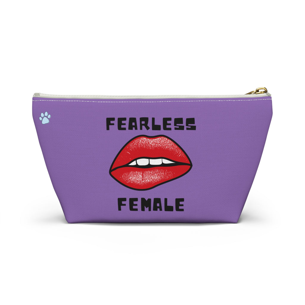 Fearless Female Cosmetic Bag: Stylish t-bottom pouch with durable zipper closure, perfect for makeup, school supplies, or thoughtful gifts. Available in multiple sizes. Made in the USA by Pugs In Mugs Creations.