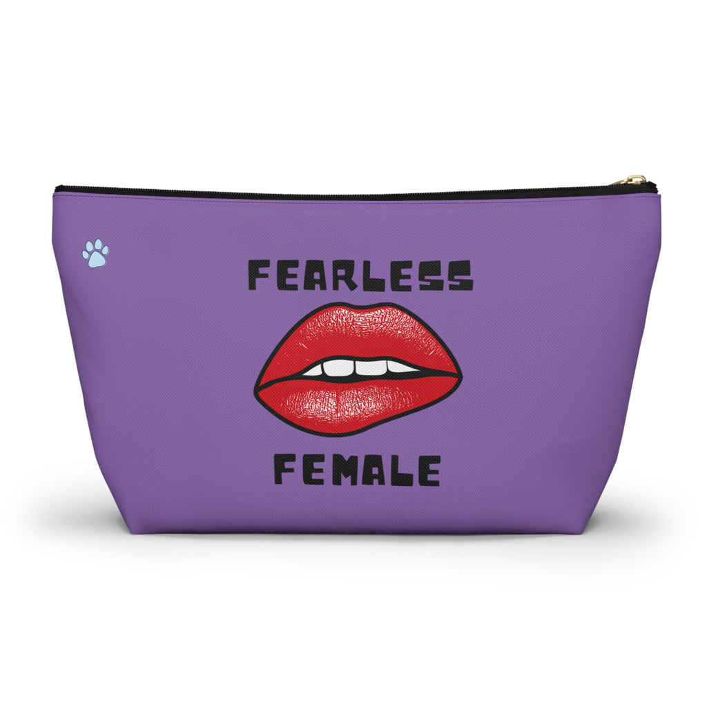 Fearless Female Cosmetic Bag: Stylish t-bottom pouch with durable zipper closure, perfect for makeup, school supplies, or thoughtful gifts. Available in multiple sizes. Made in the USA by Pugs In Mugs Creations. Color purple