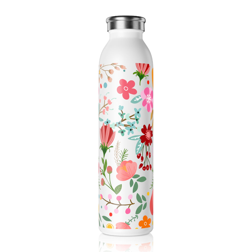 Floral Stainless Steel Water Bottle - 20oz, Eco-Friendly, Double-Wall Construction for Hot/Cold Drinks. Vibrant floral design wrapped around the bottle. Sustainable hydration with style from Pugs in Mugs Creations.